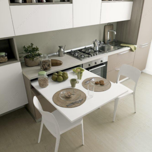A modern kitchen featuring a table and chairs, designed by Spacekoncept, showcasing a stylish and functional layout.